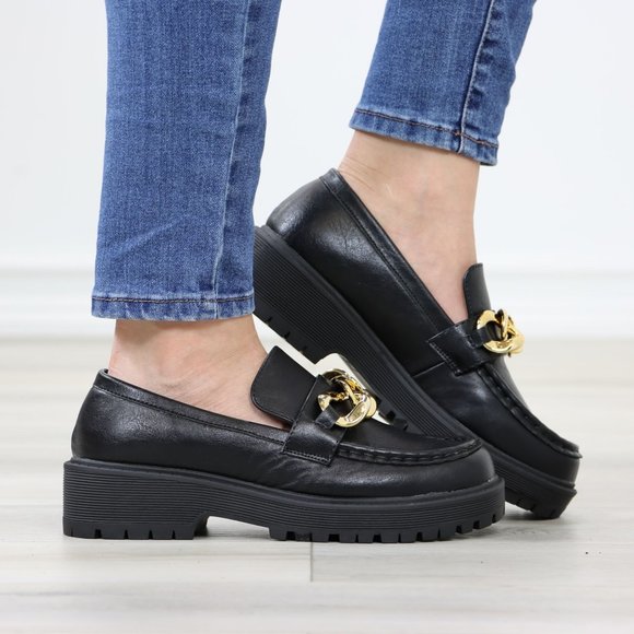 Chunky Lug Sole Slip On Penny Loafers Platform With Gold Chain - Picture 3 of 13